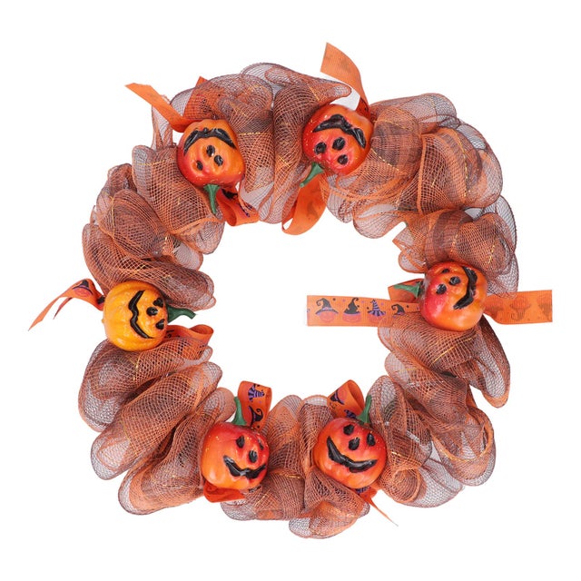Corona de puerta de Halloween, corona de cinta de calabaza de Halloween de 13,7 '' para colgar