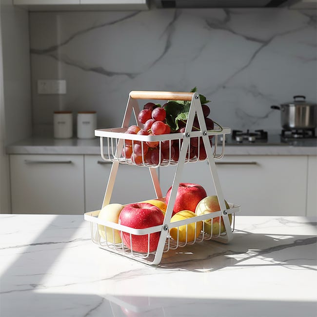 UISEBRT Alzata Per Frutta A 2 Ripiani In Metallo Nero – Cestini Portafrutta Rimovibili Con Manico In Legno, Per Cucina E Dispensa, 27x17x30 Cm