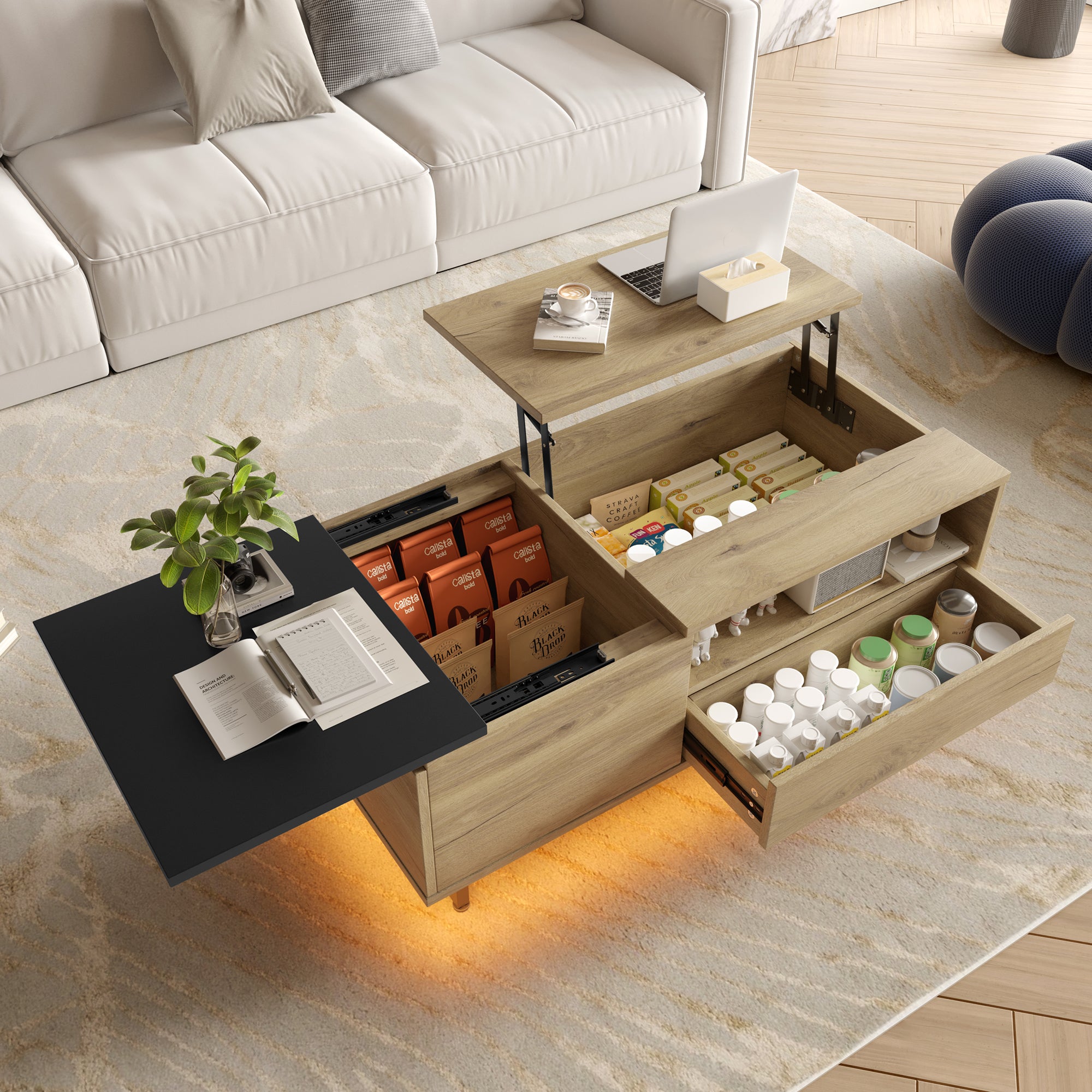 Podnoszony stolik kawowy z 1 szufladą i przesuwanym blatem - 103,5 x 50 x 27,5 cm - Diody LED - Sklejka - Naturalna