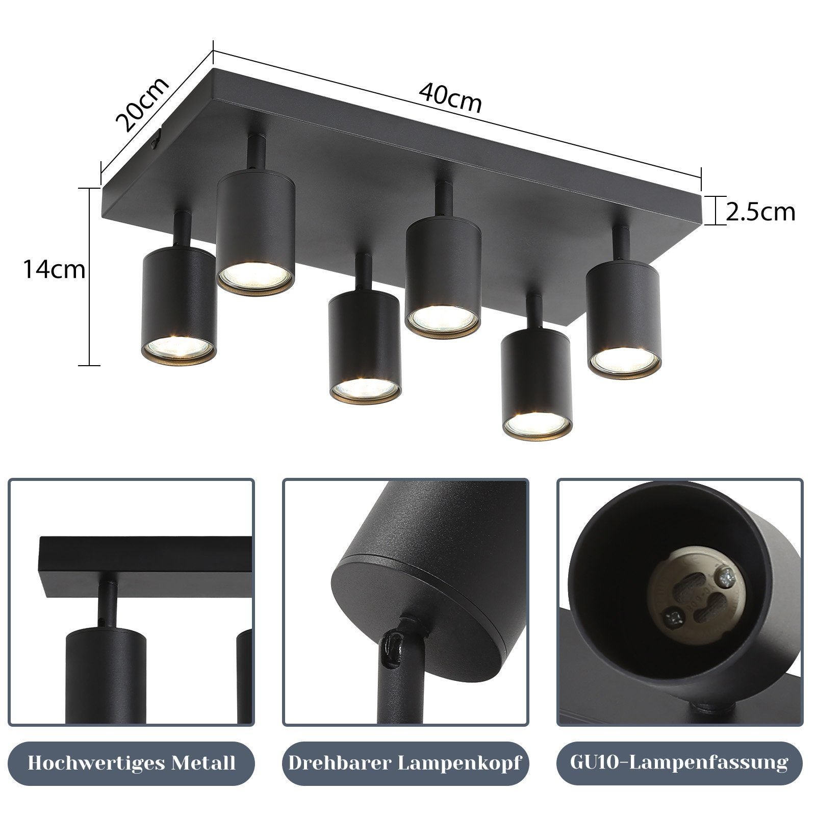NETTLIFE Lámpara de techo 6 focos GU10 negros orientables 330° pared industrial moderna para salón dormitorio cocina sin bombilla - 5