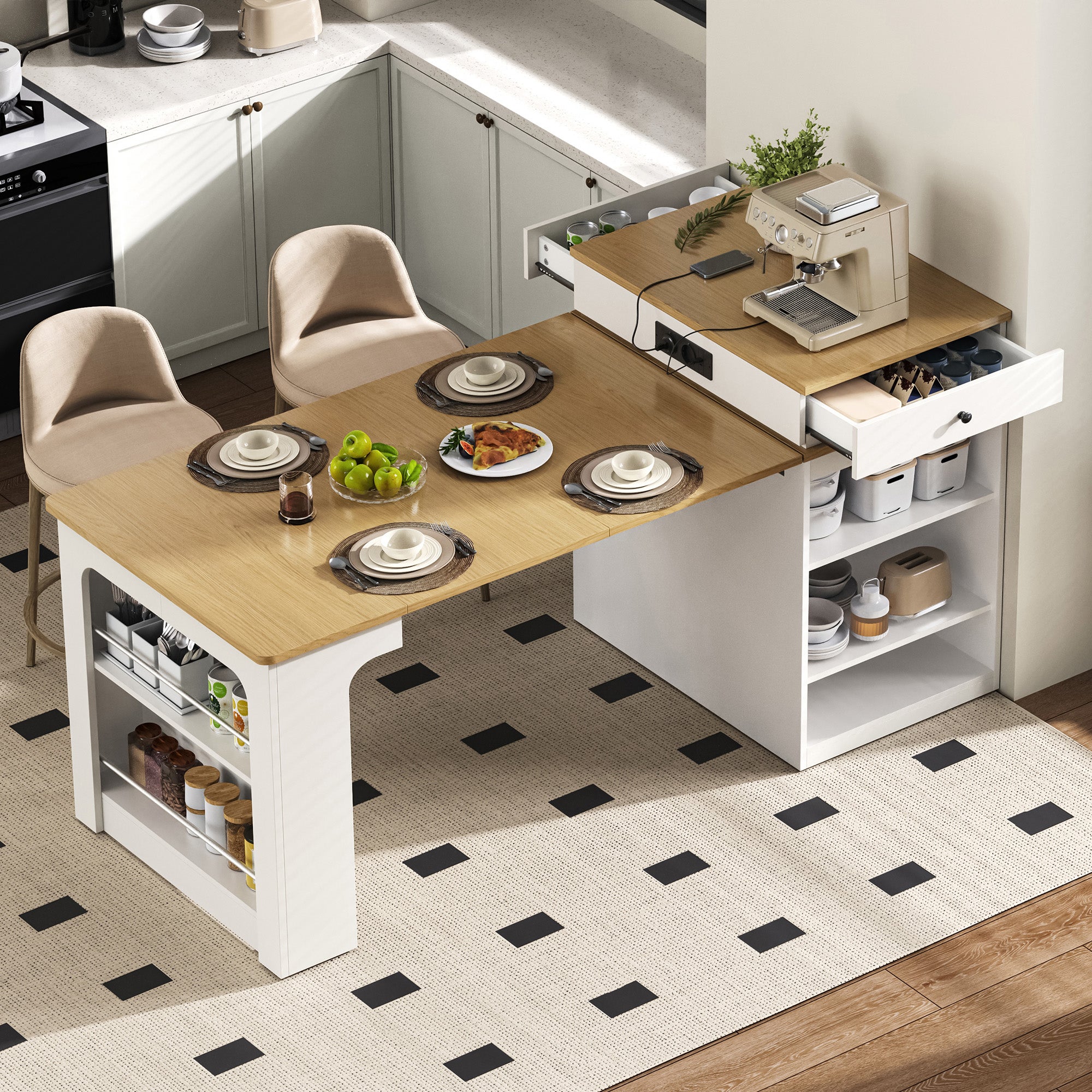 Ilot central de cuisine - avec prise de courant - avec table à manger amovible et extensible - texture du bois - avec 1 porte - naturel + blanc - 4