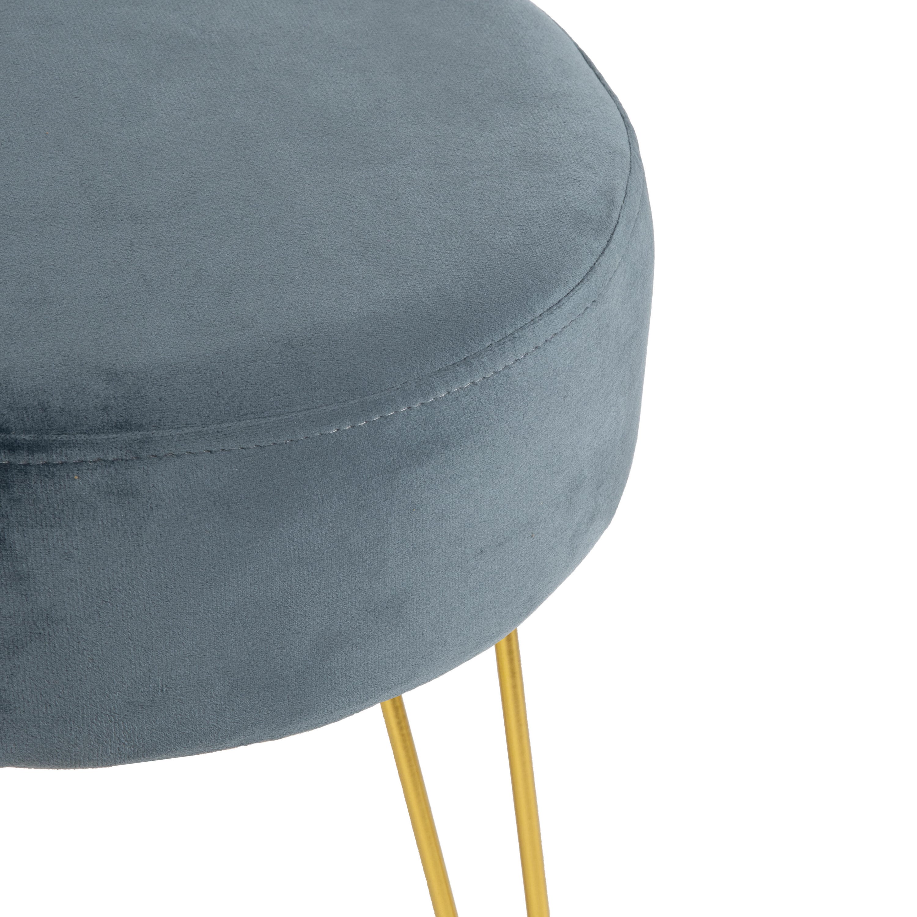 Pouf décoratif cylindrique en velours bleu grisé et métal doré 34x40x34cm - 7