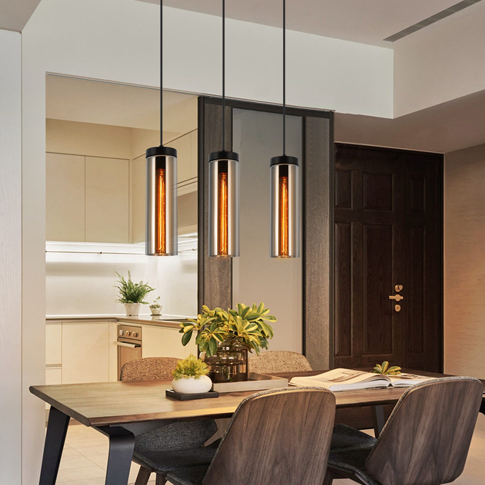 NETTLIFE Lampe à Suspension Pour Table à Manger En Verre Noir Mat Rétro 3 Flammes E27 - 8