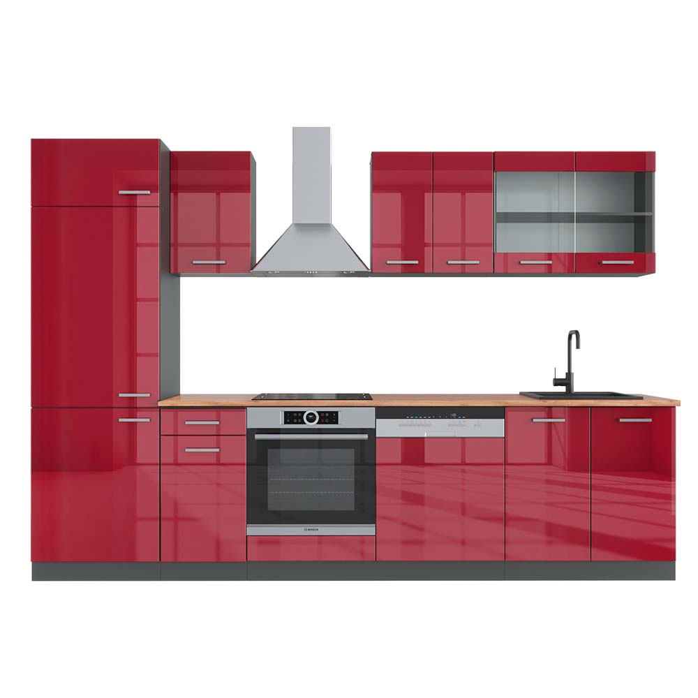 Vicco Aneks kuchenny R-Line, Czerwony wysoki połysk/antracyt, 300 cm , BP Dąb