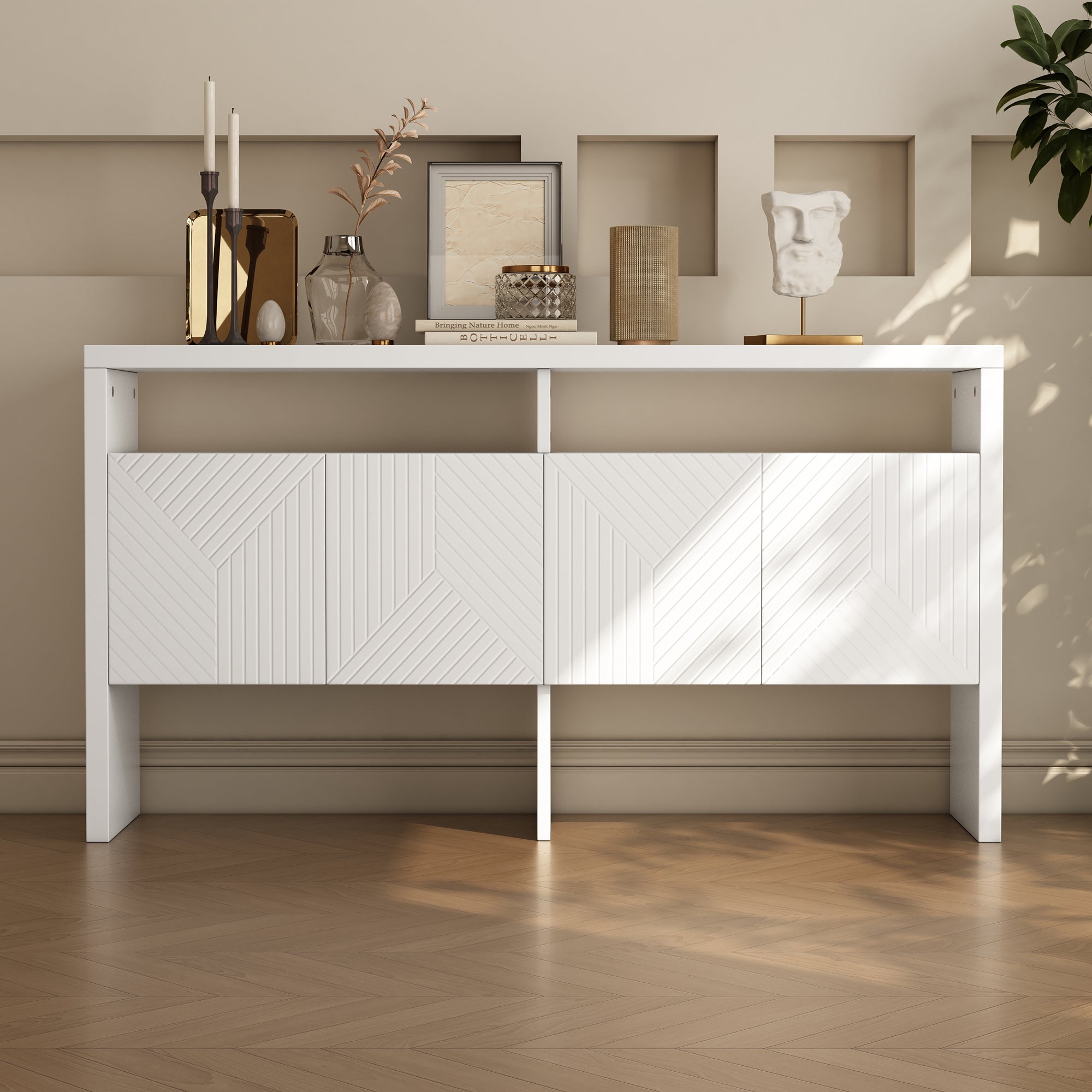 Nowoczesna komoda, biała, z 2 otwartymi przegrodami i 4 drzwiczkami - elegancka szafka do przechowywania, 140 x 75 x 35 cm