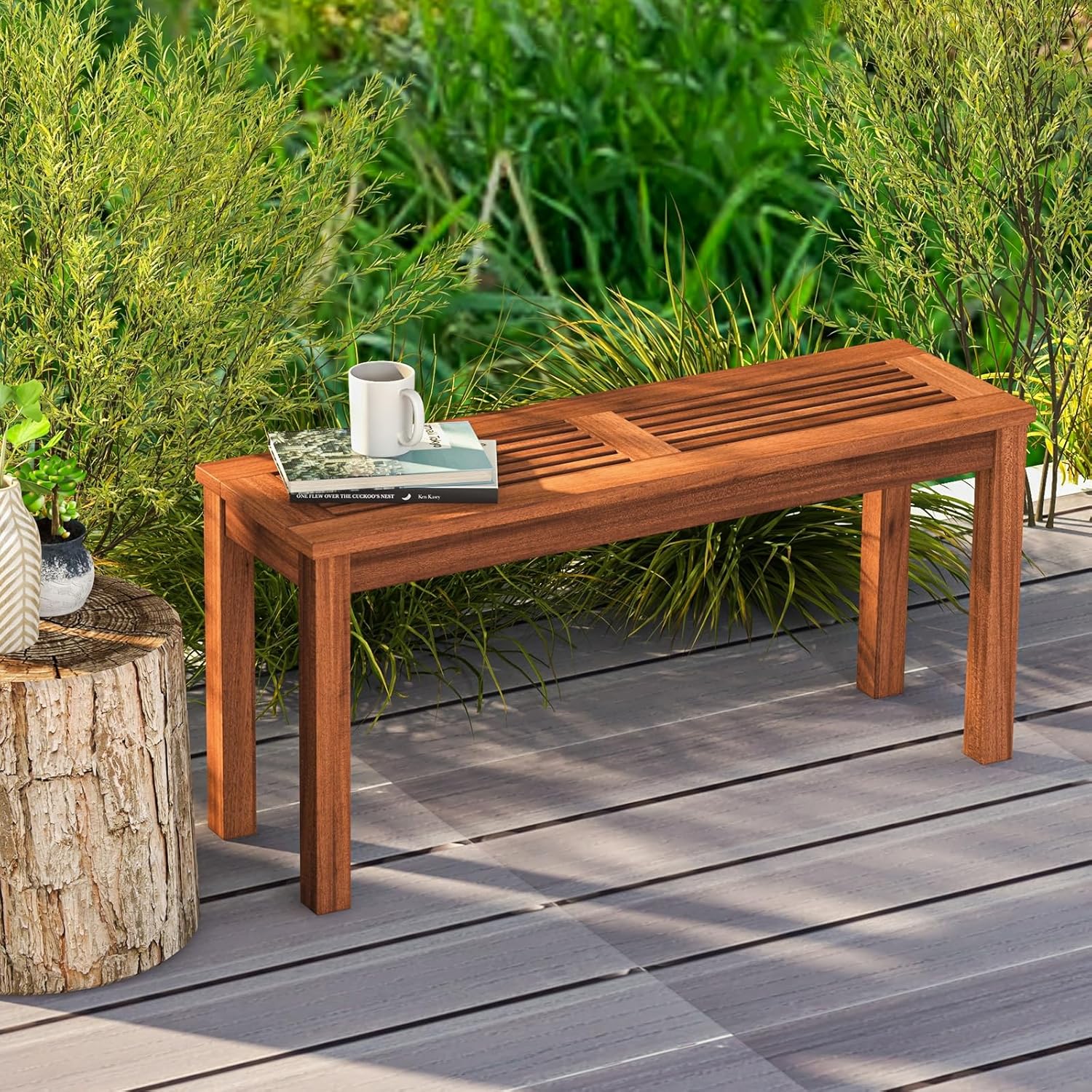 Ławka Ogrodowa z Litego Drewna dla 2 Osób, Ławka z Listwami 100 cm do Użytku we Wnętrzu i na Zewnątrz, do Ogrodu, Tarasu, 100 x 30,5 x 47 cm (1)
