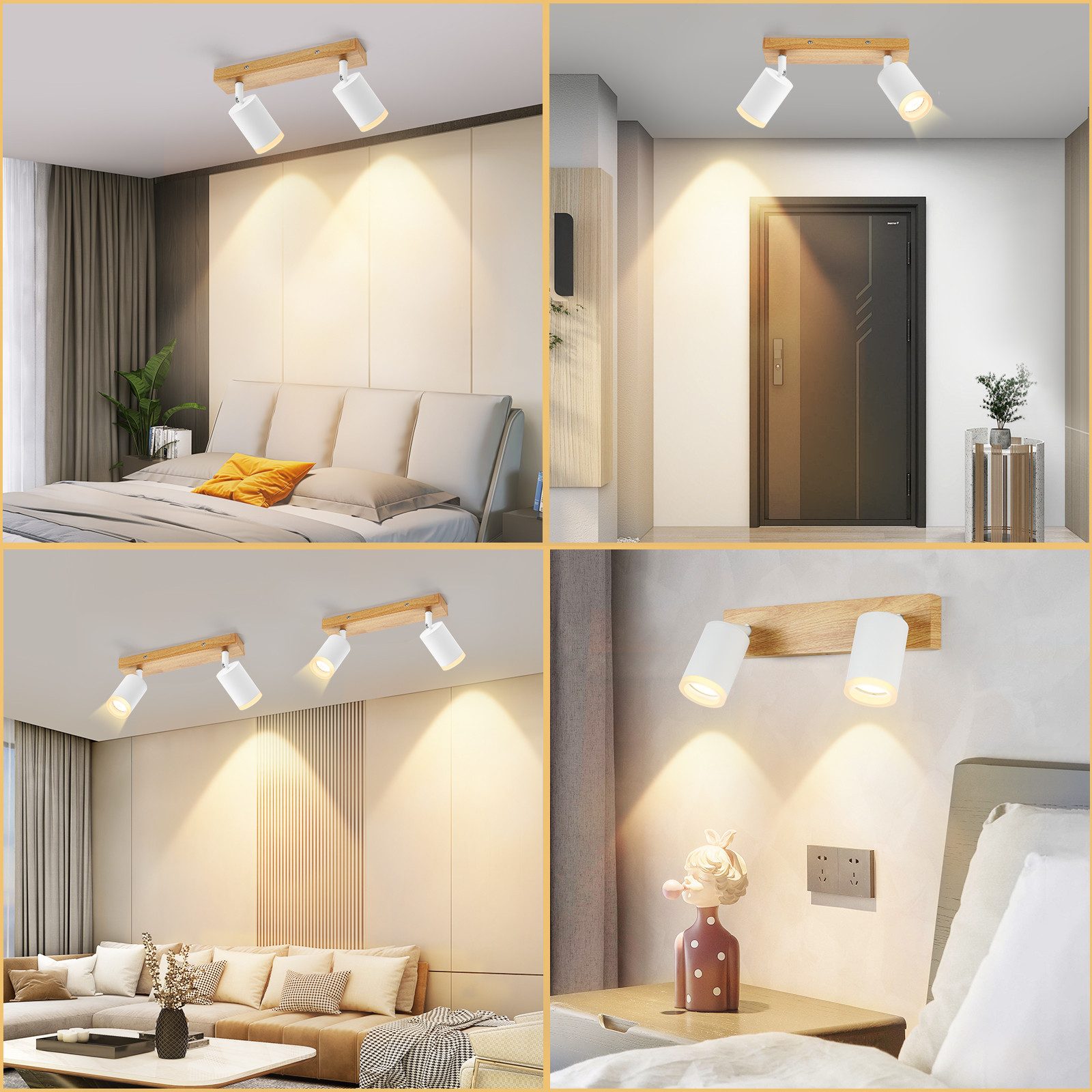NETTLIFE Foco de techo blanco GU10 Foco de pared de madera vintage giratorio sin bombilla orientable 350° industrial - 8