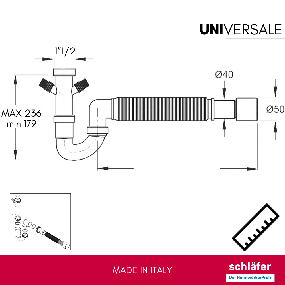 Schläfer 439305 | Sifón universal con conector de manguera 1'1/2, conexión doble para lavavajillas o lavadoras, conexión mural - 5