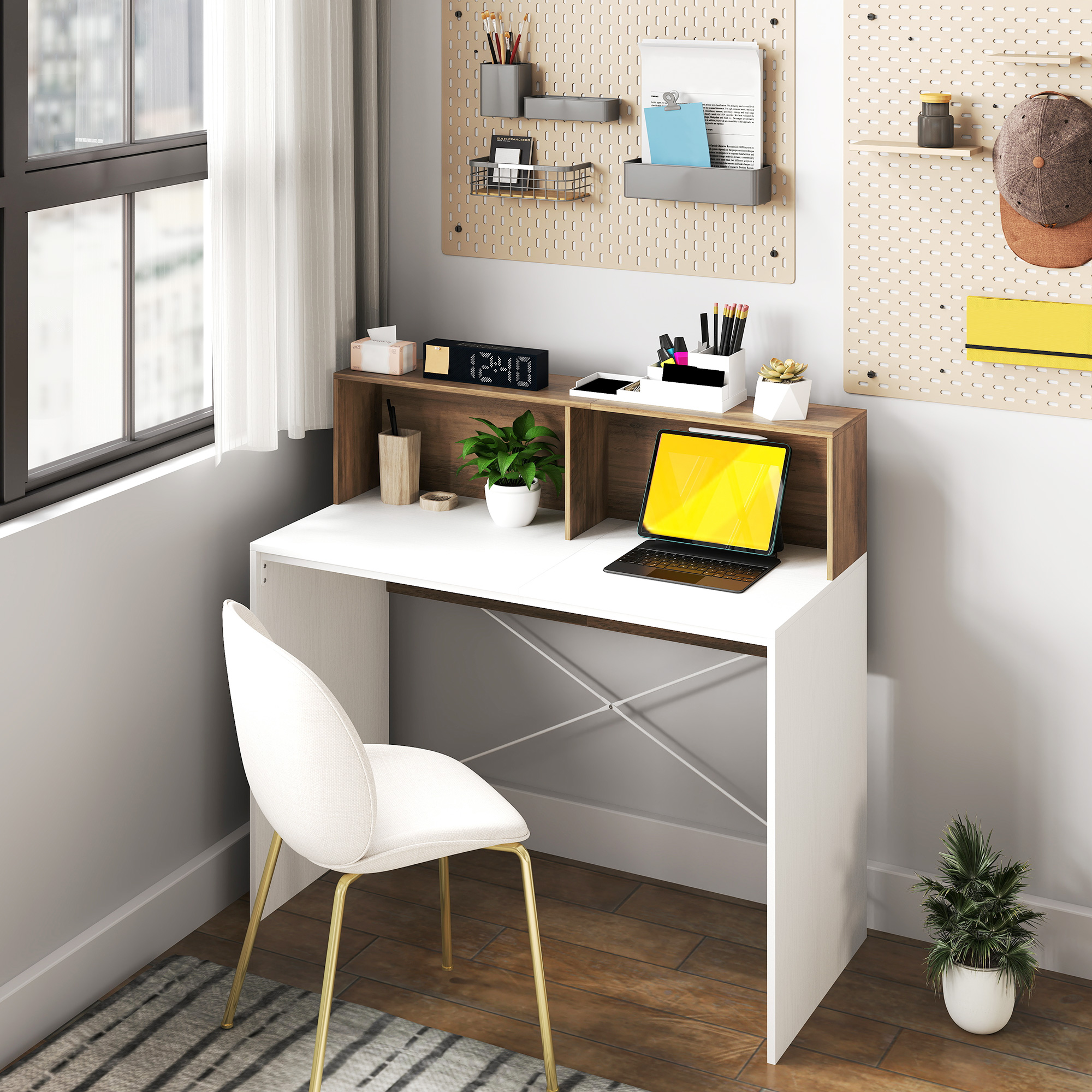 HOMCOM Scrivania a Muro Pieghevole e Salvaspazio con Ripiani in Truciolato, 100x18x74 cm, Bianco e color Legno | Leroy Merlin