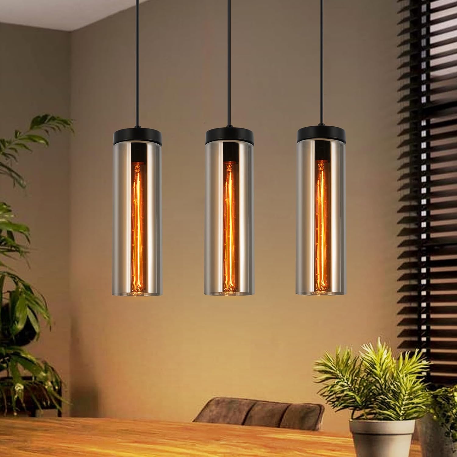 ZMH Czarna lampa wisząca do jadalni – 3 żarówki E27, szklana lampa wisząca do salonu