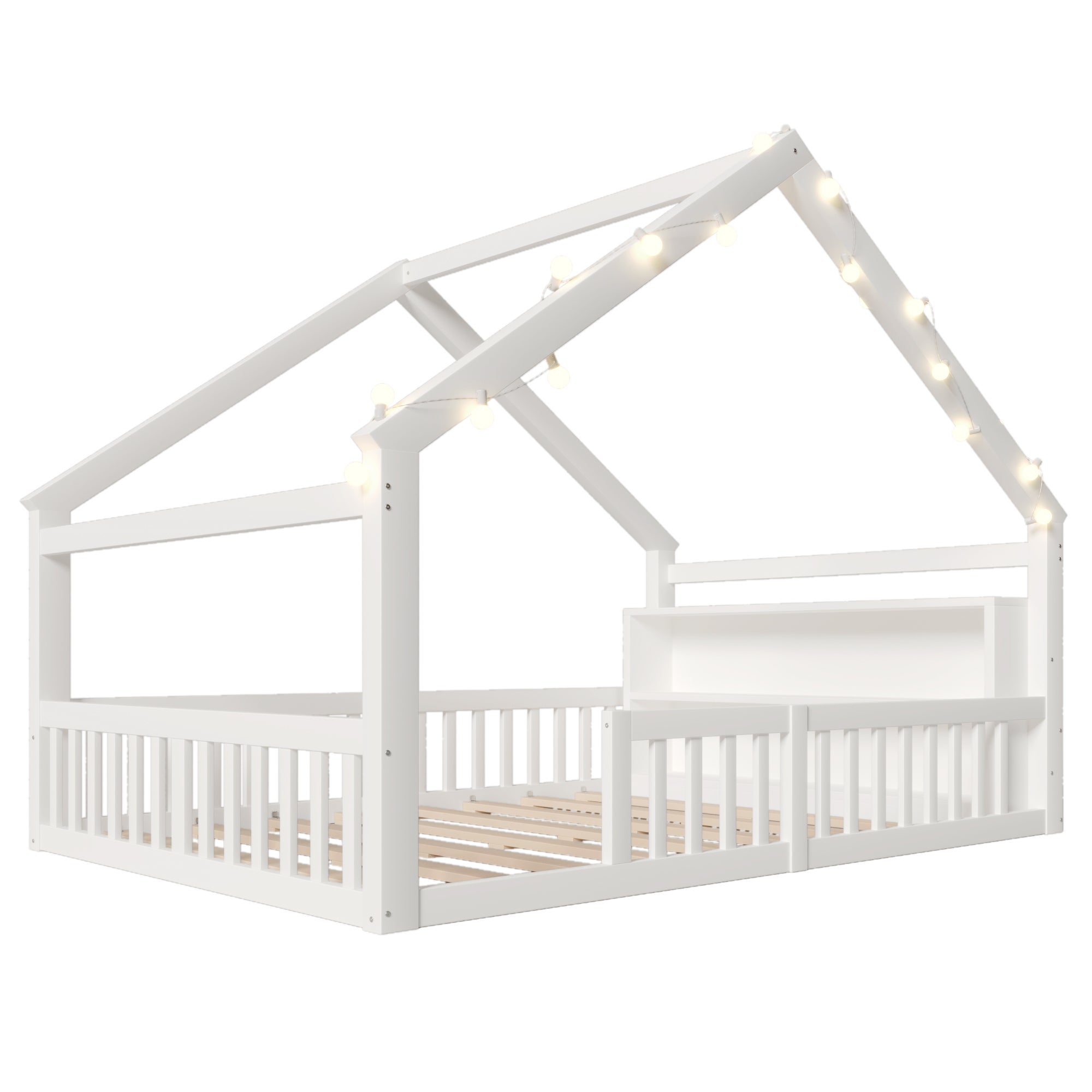 Lit cabane 140 x 190 cm avec barrière et étagères de rangement - Pin + MDF + contreplaqué - Blanc (matelas non inclus) - 8
