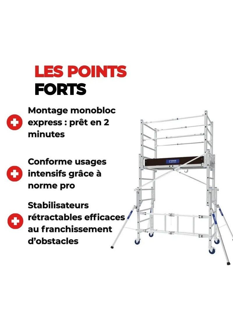 TUBESCA ECHAF - Échafaudage Roulant Aluminium Pliant Télescopique Z'Tower - Hauteur max 2,80m - L 1,87 x l 0,85 m - 2