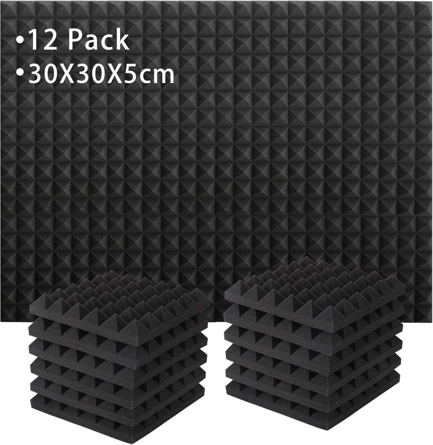 Zestaw 12 samoprzylepnych, ognioodpornych paneli akustycznych z pianki, redukujących hałas, 30 x 30 x 5 cm, do studiów nagraniowych, biur, studiów