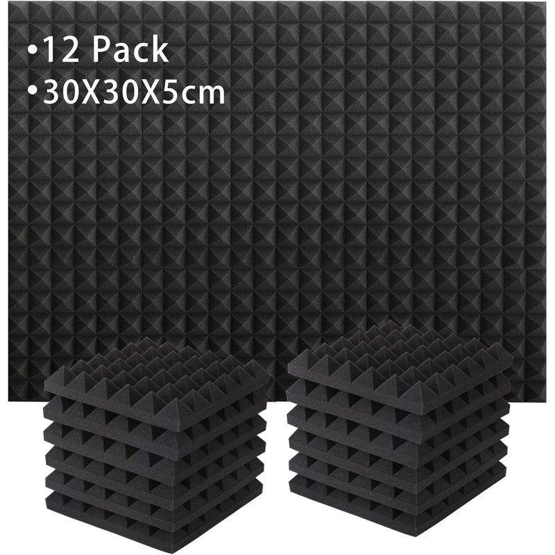 Zestaw 12 samoprzylepnych, ognioodpornych paneli akustycznych z pianki, redukujących hałas, 30 x 30 x 5 cm, do studiów nagraniowych, biur, studiów