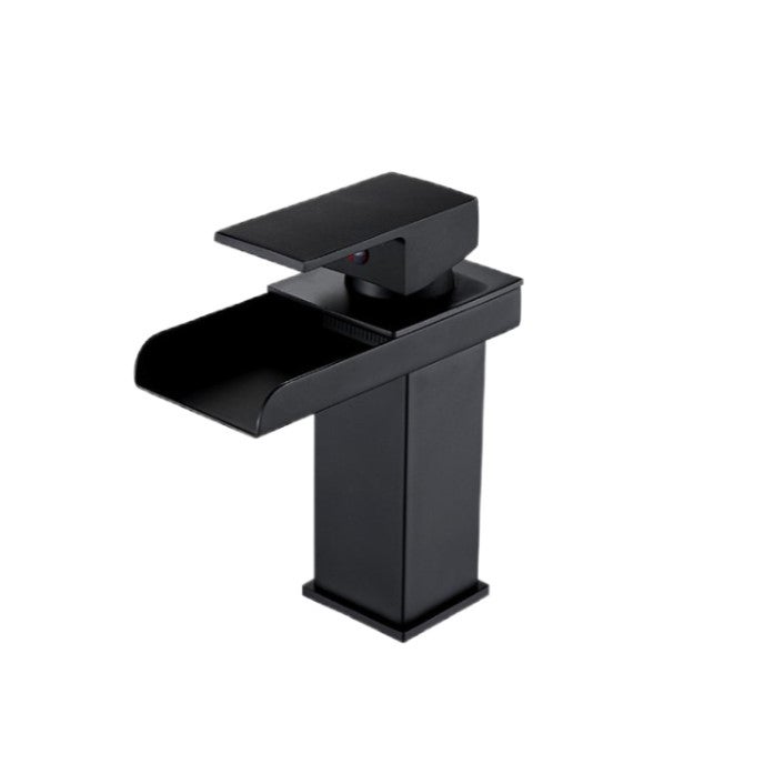 Matowo-czarny kran umywalkowy typu wodospad, możliwość wyboru ciepłej i zimnej wody, ceramiczny rdzeń zaworu, wklęsły kształt wodospadu.