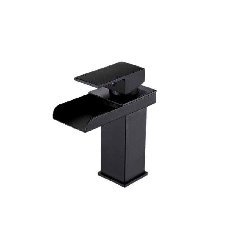 Matowo-czarny kran umywalkowy typu wodospad, możliwość wyboru ciepłej i zimnej wody, ceramiczny rdzeń zaworu, wklęsły kształt wodospadu.