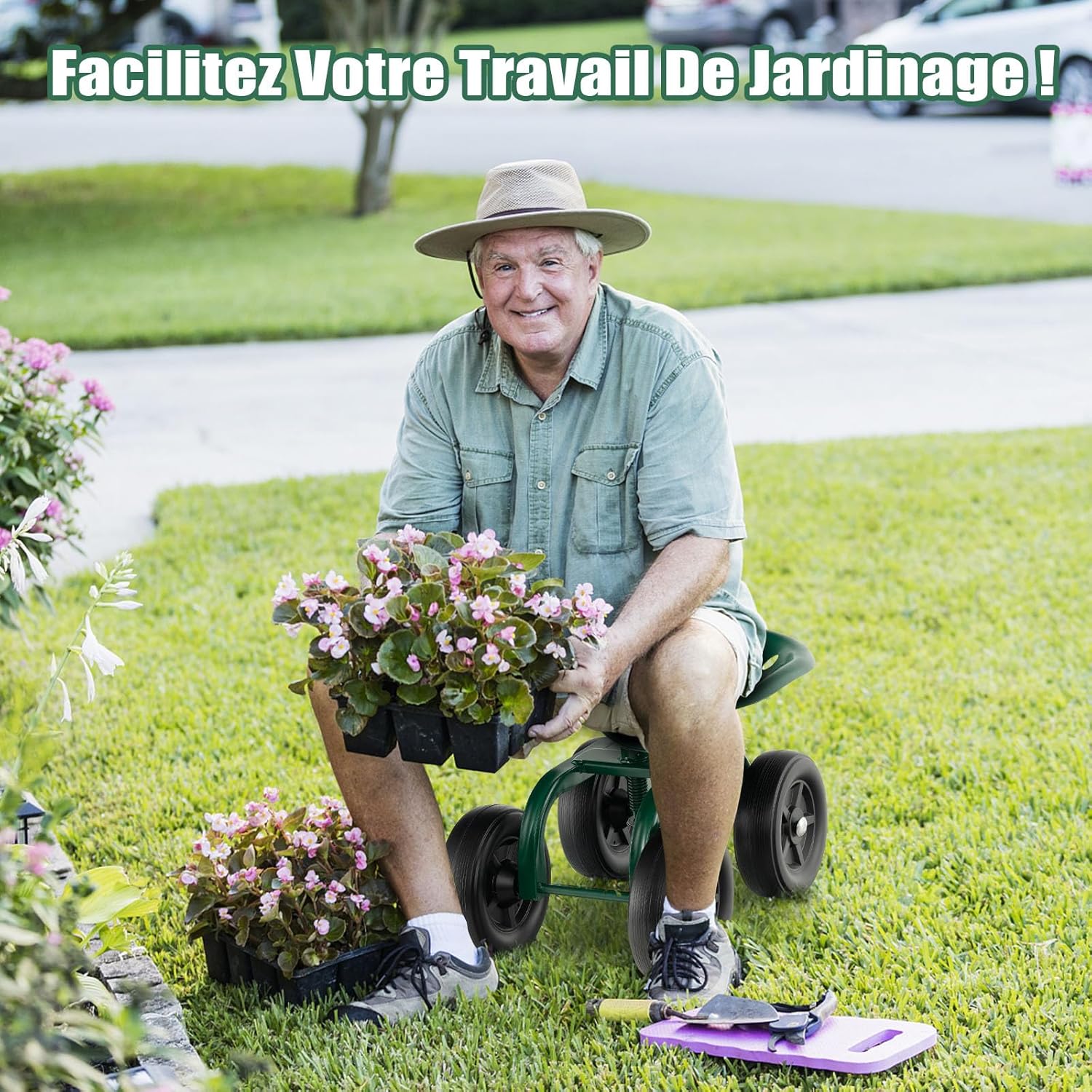 GOPLUS Tabouret Jardin Métal 4 Roues Siège Pivotant Réglable Hauteur - Charge 150kg - Vert