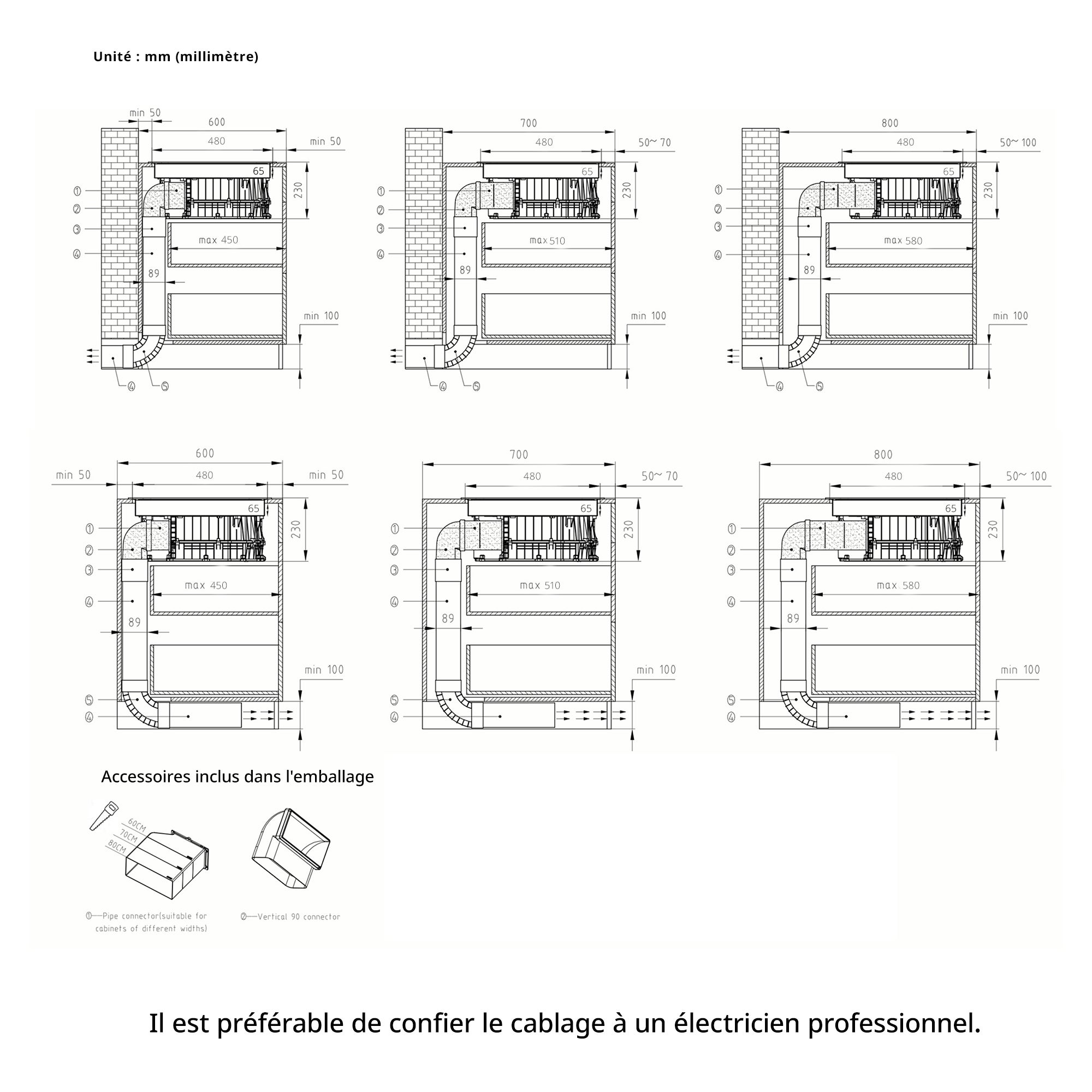 Table de cuisson à induction aspirante COMFEE CIH742FY18K0 60 cm 4 foyers + hotte intégrée 638m³/h avec kit d’évacuation partiel, 7400W, A++ - 4
