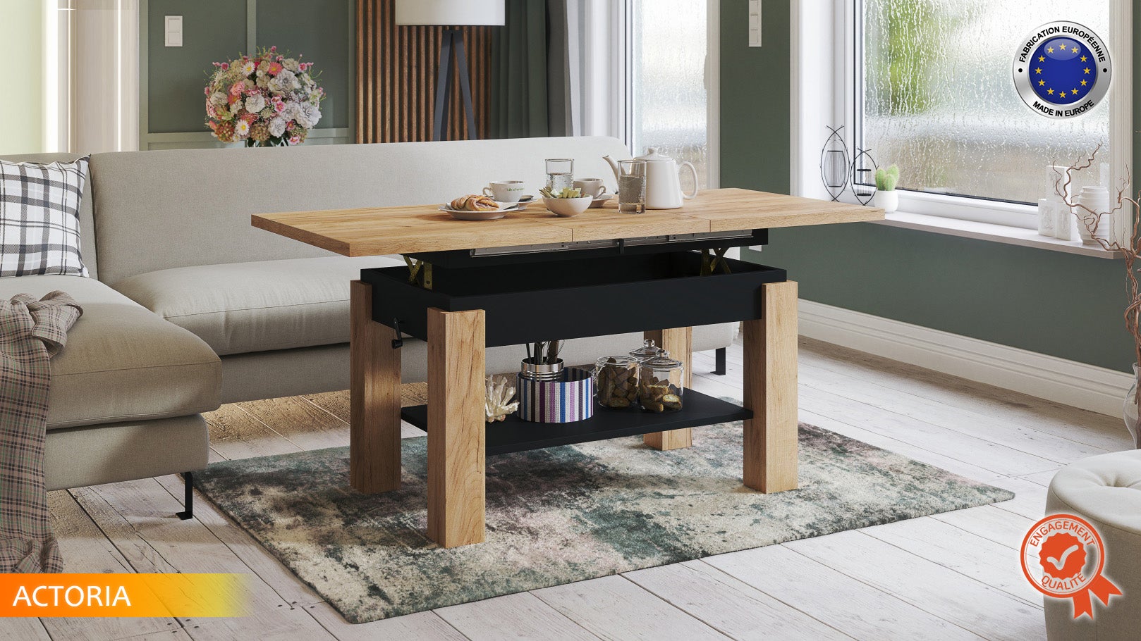 TABLE BASSE ACTORIA NOIR BOIS RELEVABLE ET EXTENSIBLE JUSQU'A 150 CM - 2