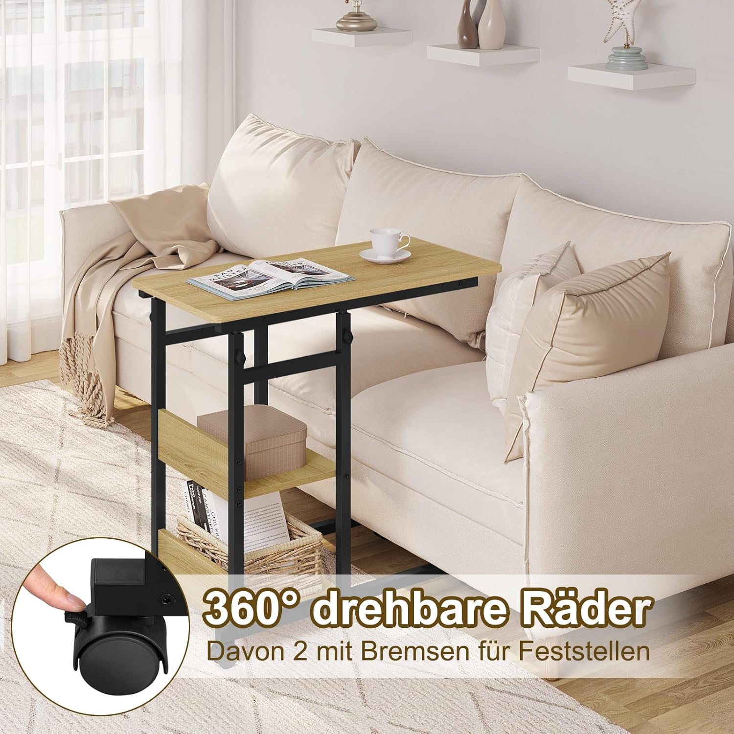 WOLTU Table d'Appoint en Forme de C, Bout de Canapé, Cadre en Métal, Plateau en Bois d'Ingénierie, pour Salon, Chambre, 45x25x63,5cm,Marron Rustique + Noir