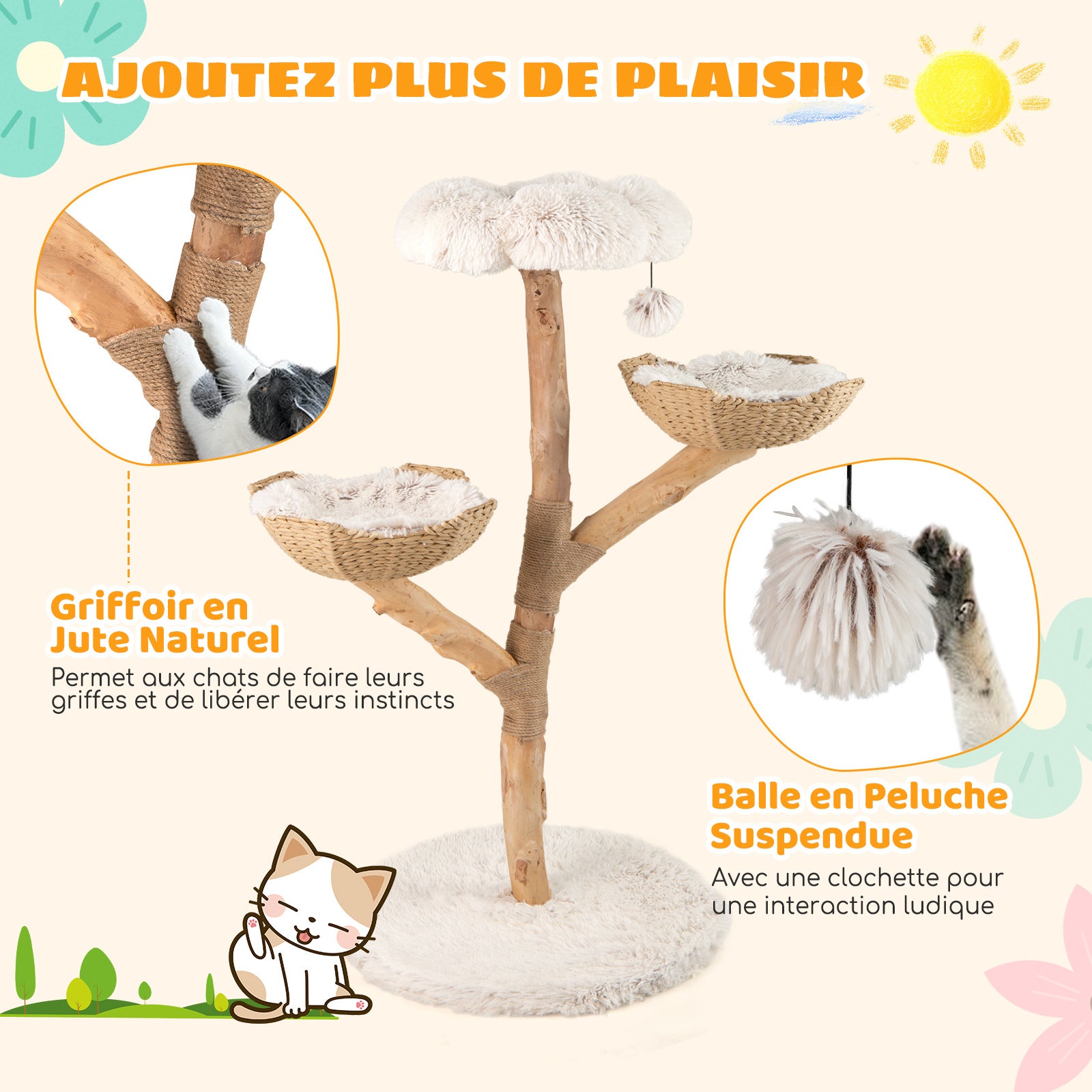 Arbre a Chat XXL 122 cm, Arbre a Chat en Bois Massif, 2 Paniers en Rotin, 2 Plateformes, Poteau à Griffer en Jute, Tour pour Chaton, Pompon Suspendu - 9