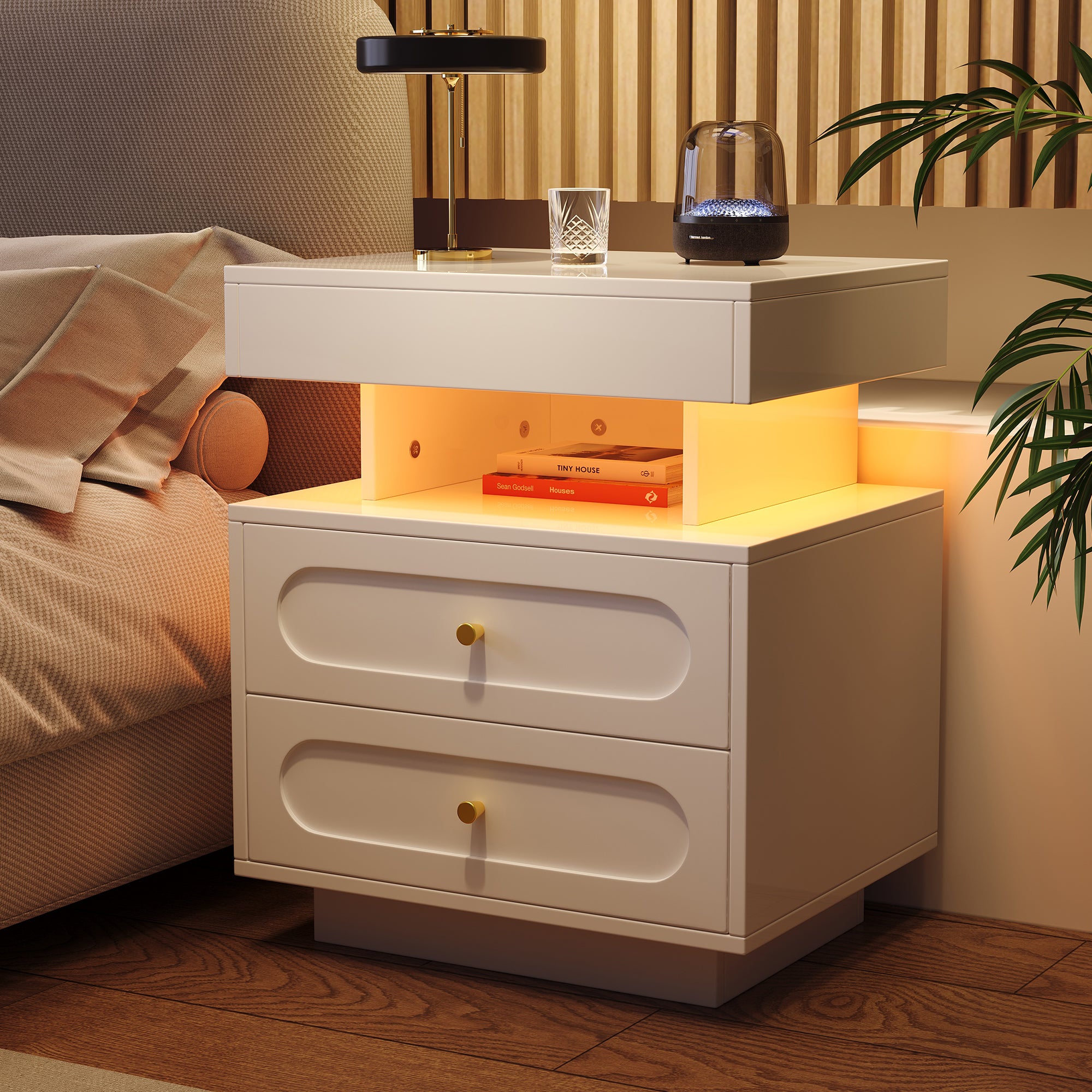 JOONEE Comodino bianco con stazione di ricarica e luci LED, comodino moderno con 2 cassetti portaoggetti e ripiano in legno aperto, per camera da letto e piccoli spazi, comodino con gambe in