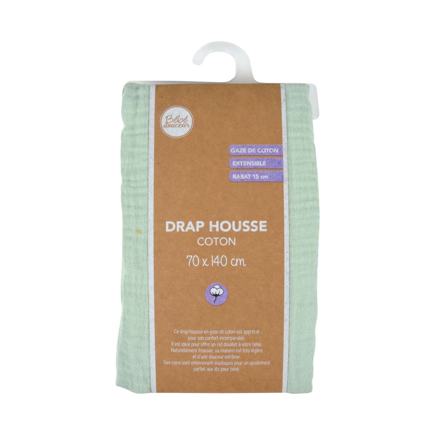 Drap housse en gaze de coton - 100% Coton - 70 x 140 cm - Céladon - 2