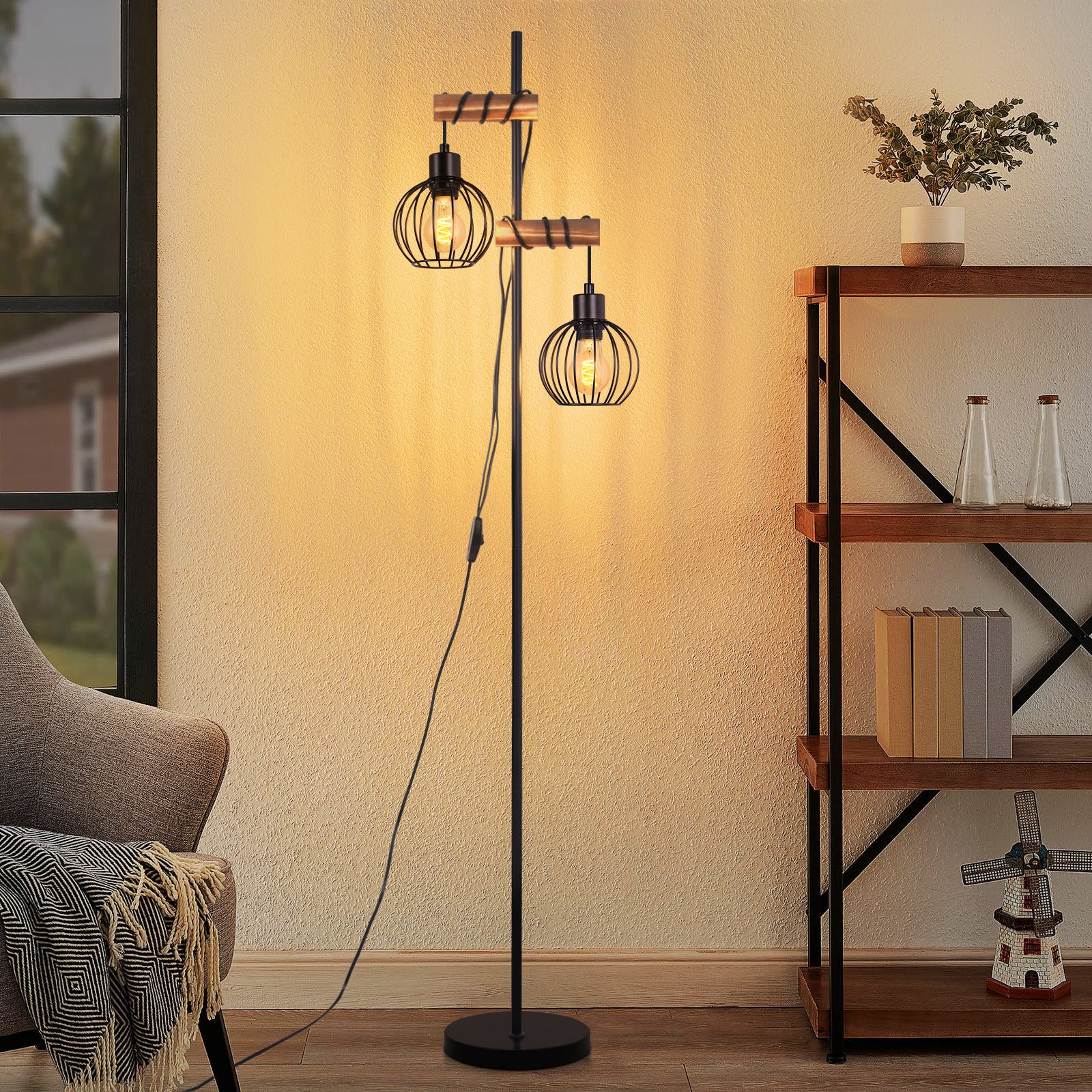 ZMH Lampa podłogowa Vintage 2 światła Metal Drewno Czarny E27 152 cm (bez żarówki)