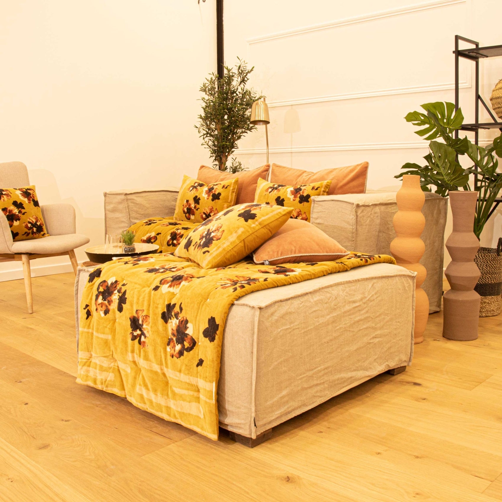 Édredon en velours fleuri - Jaune - 80x200 cm - Polyester - 2
