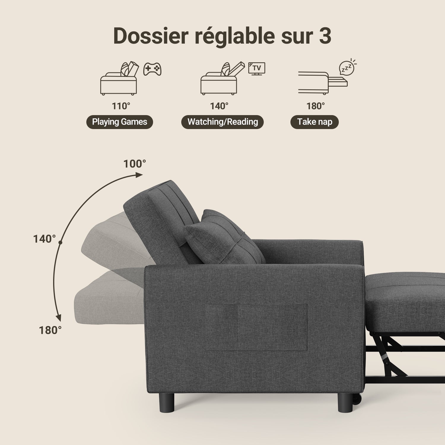 Canape Convertible Bealife Canapé Lit 1 Place Fauteuil Chaise Longue Coussin Réglable Rangement Roues Pliante - 4