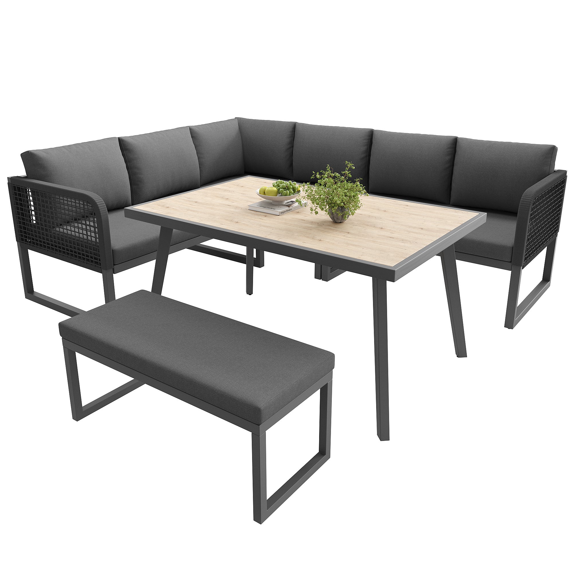 Set di mobili da giardino, set di mobili in rattan PE per 6-8 persone - divano angolare - in ferro zincato - piano del tavolo effetto legno, grigio - 3