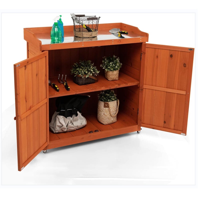 Szafka na Narzędzia z Drewna Świerkowego, Schowek na Narzędzia z 4 Kółkami i Wyjmowaną Półką, Szafka na Narzędzia Ogrodowe/Garażowe 98,5 x 48 x 100 cm