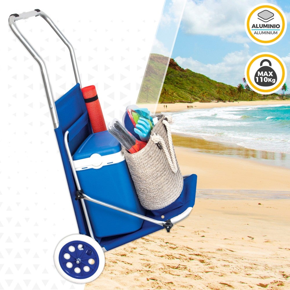 Carrello Da Spiaggia Pieghevole 2 In 1 Aktive, Si Trasforma In Tavolo, Ruote Da 23 Cm, Carico 30 Kg, Ideale Per Campeggio E Pic-nic