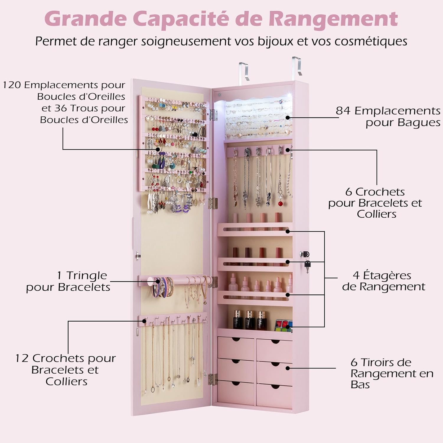 Armoire à Bijoux Mural avec Miroir et Lumière LED, Armoire de Rangement Mural, Accrochée à la Porte avec Serrure (Rose,Tiroir Nomal) - 2