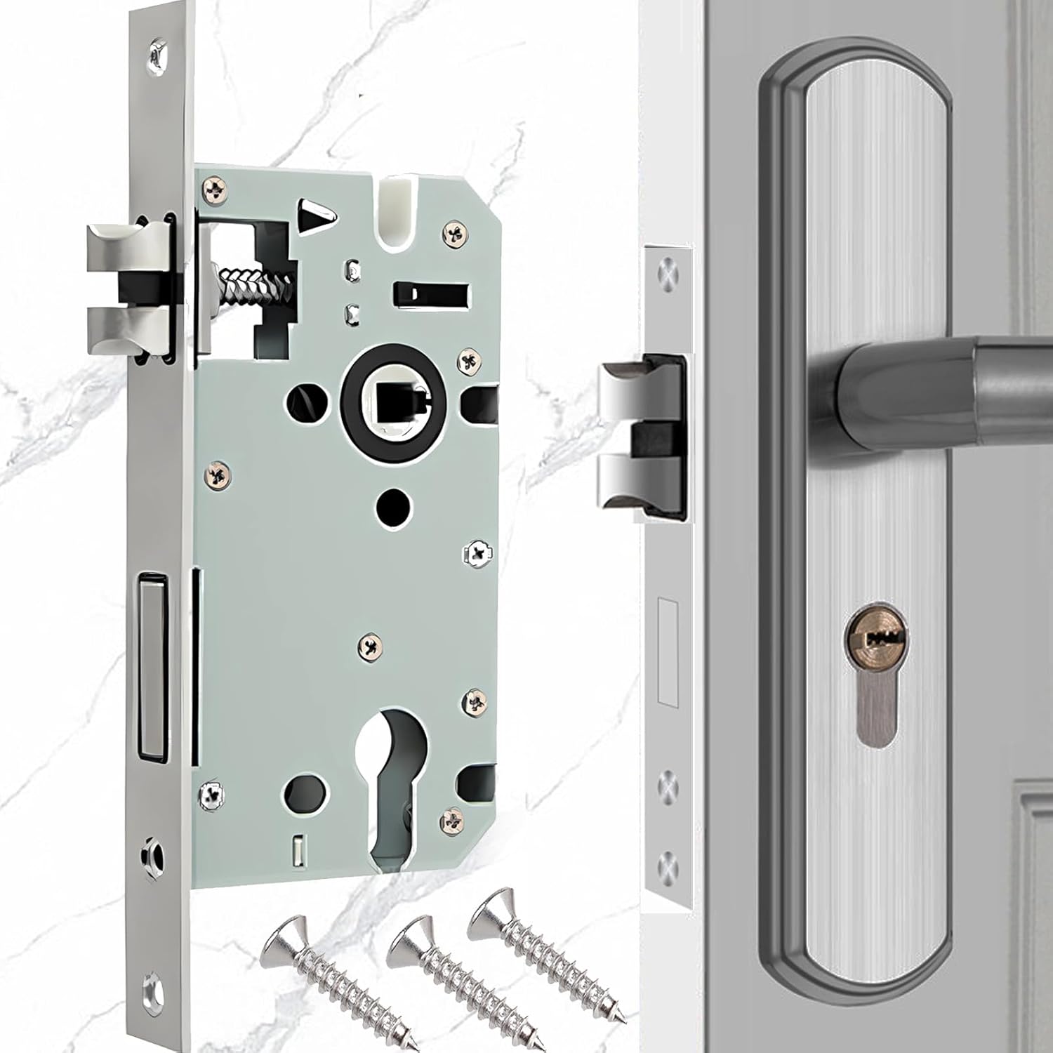 Uniwersalny zamek wpuszczany do drzwi – 210x22mm, rozstaw 72mm, srebrny zamek wewnętrzny