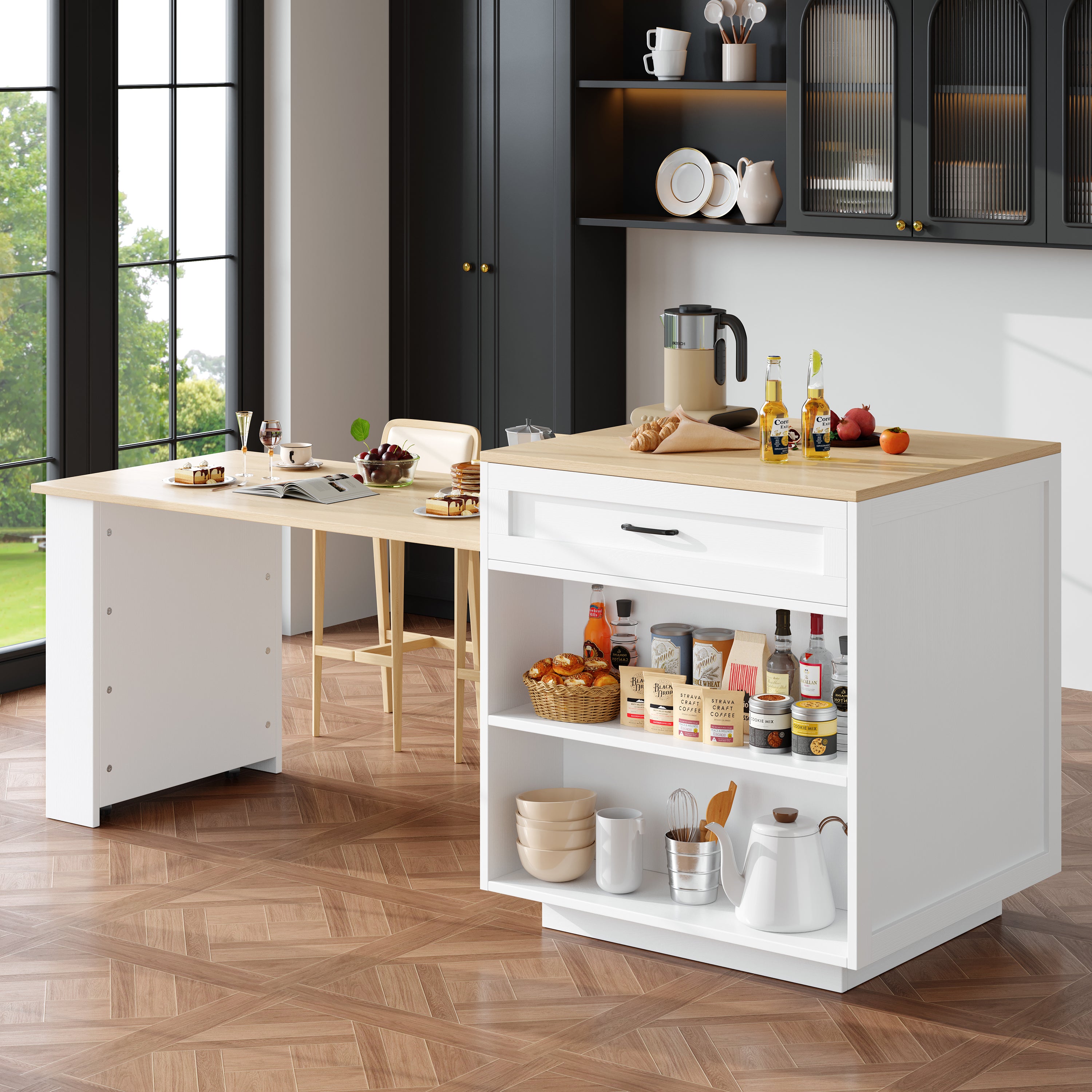 Ilot central de cuisine, table à manger 4 à 6 couverts - 2 tiroirs, 2 portes et étagères - 133/202 x 70 x 93.5 cm - MDF - Blanc - 3
