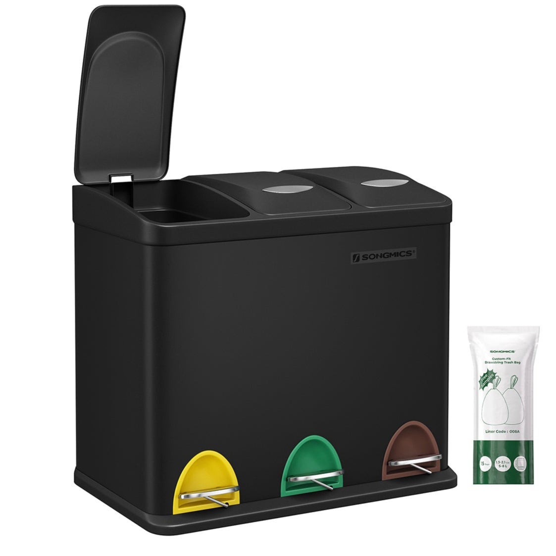 Poubelle Tri Sélectif 3x20L - Acier Inox Noir, 60L, Pédale, Anti-Odeurs, Pour Cuisine - 12