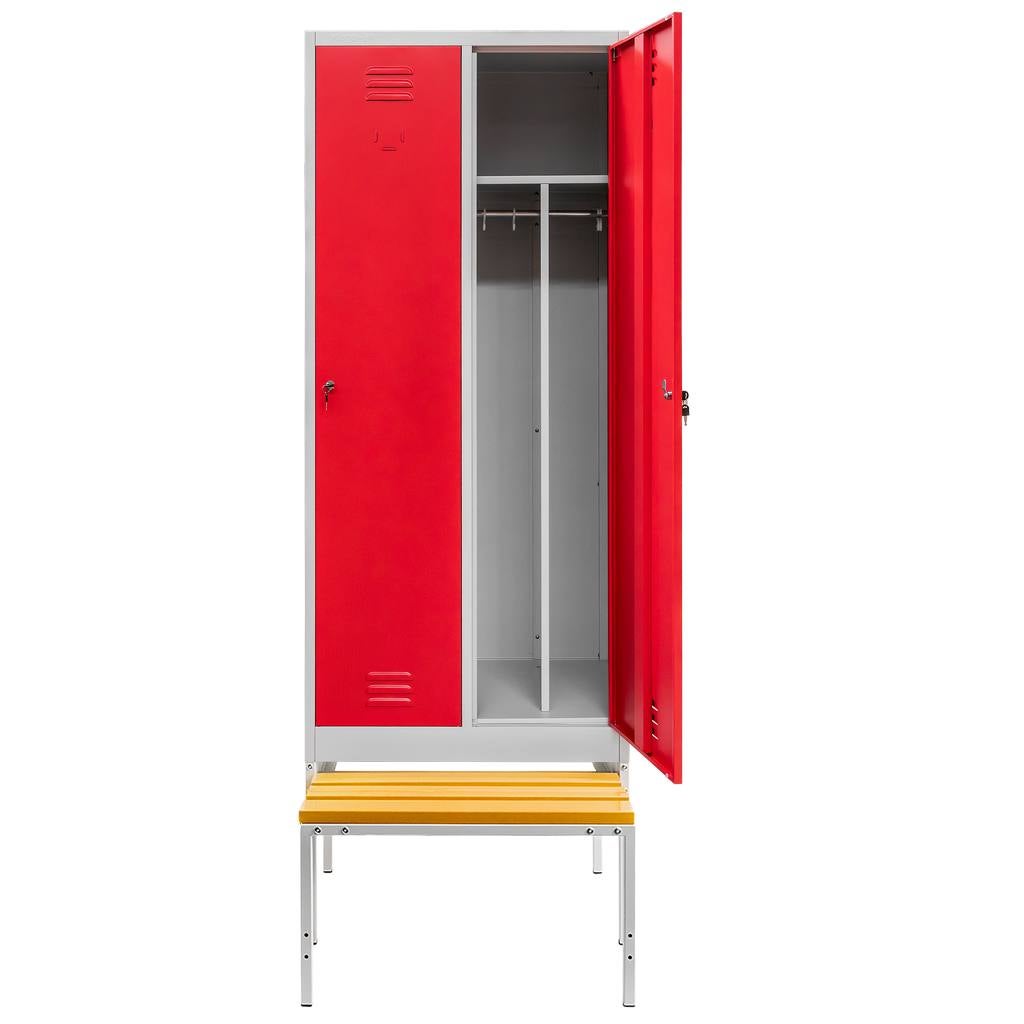 Szafka BHP ubraniowa na podstawie wysuwana ławeczka Mega-M 2-drzwiowa z przegrodami S-80 cm szara/czerwony front