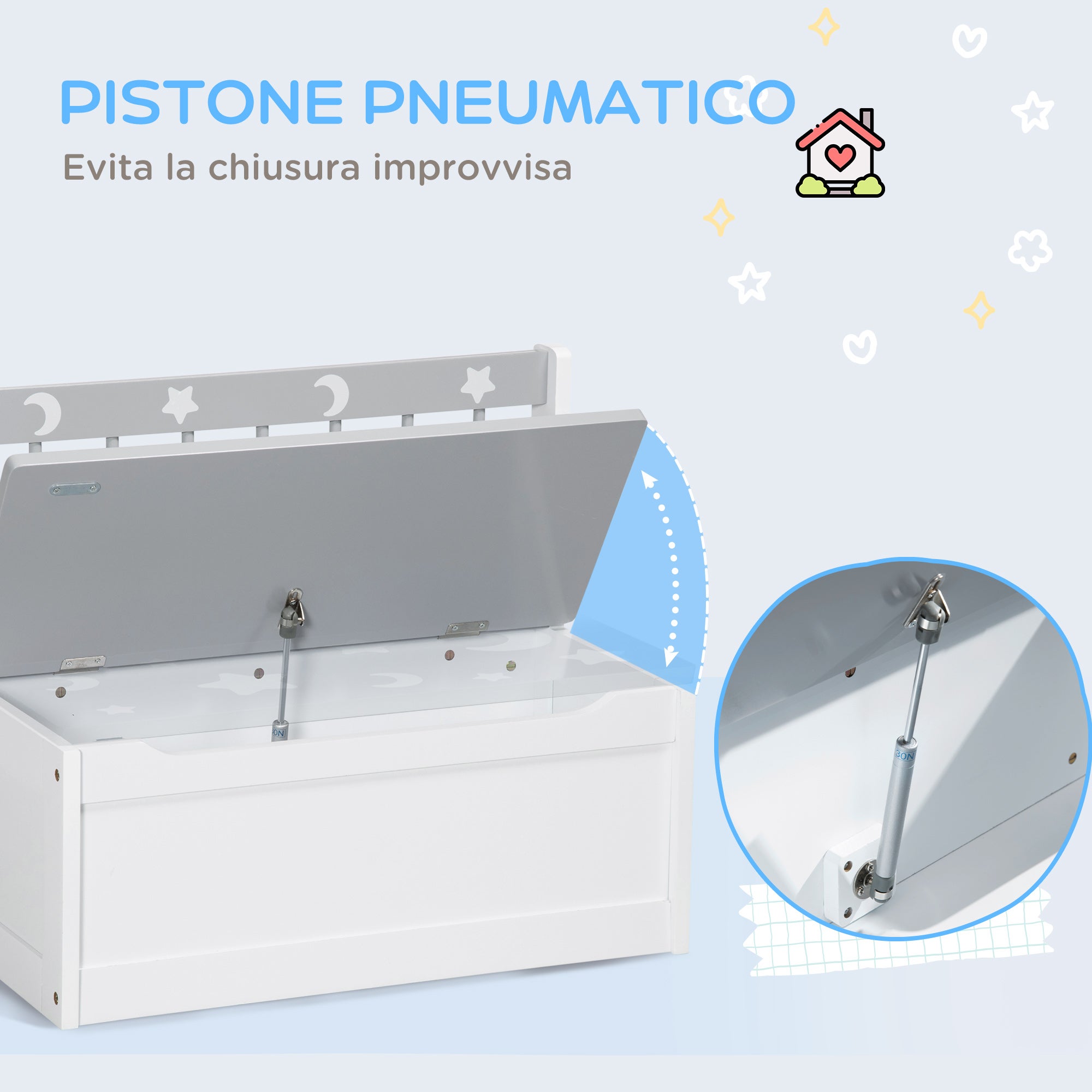 ZONEKIZ Cassapanca Moderna Portagiochi 2 in 1, Sedia per Bambini con Leva a Gas, in MDF e Legno di Pino, 60x30x50 cm, Bianco e Grigio - 5