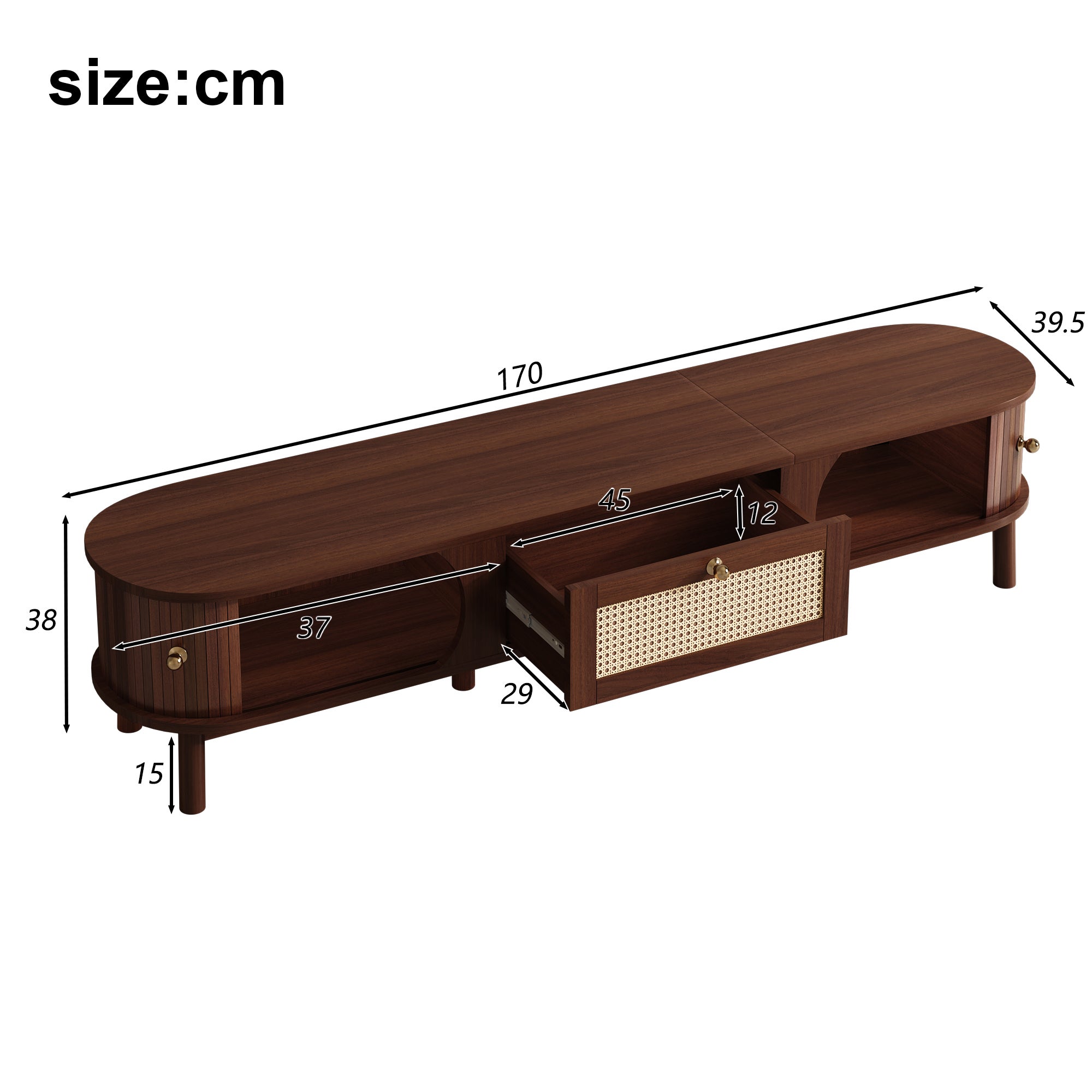 Meuble TV avec 2 portes coulissantes en rotin et un tiroir - 170 x 39.5 x 38 cm - Panneau de particules - Naturel - 3