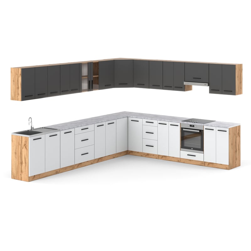 Meble kuchenne narożne duże modułowe z blatem 6.8m wotan szary biały mat