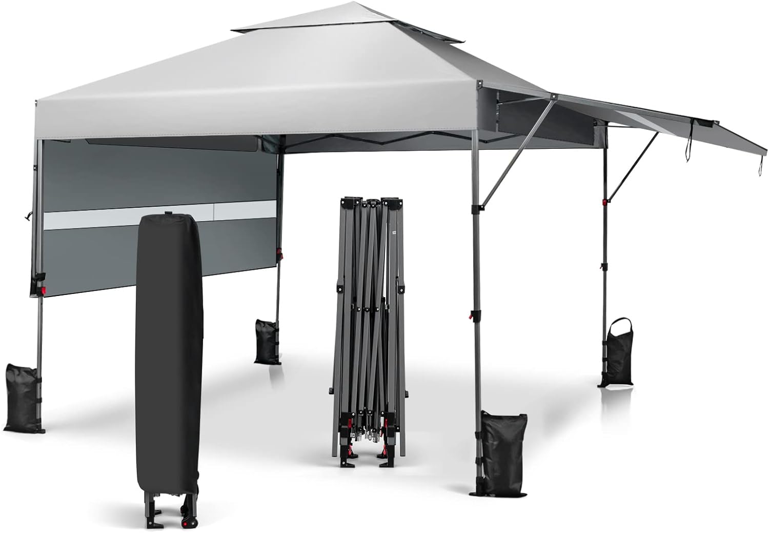 Pavilion de grădină pliabil 3x3 m cu două copertine de 1,25x3 cm, cort de grădină cu 2 roți, 3 înălțimi reglabile, pentru târg, terasă și camping