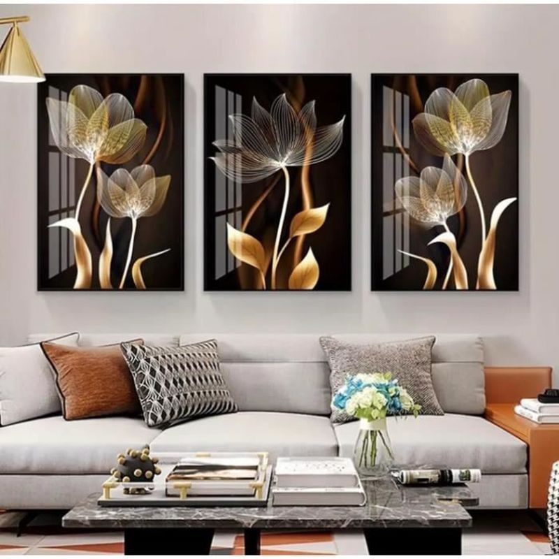 Lot de 3 tableaux muraux modernes noirs et dorés - Feuilles dorées Tableau mural Pour le salon Noir et doré Sans Cadre 30x40cm - 7