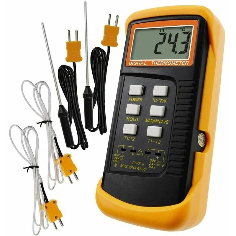 Termometr typu K z czujnikiem termopary 1300 ° C (przewodowy i ze stali nierdzewnej) (° C, ° F i K z 4 termoparami)
