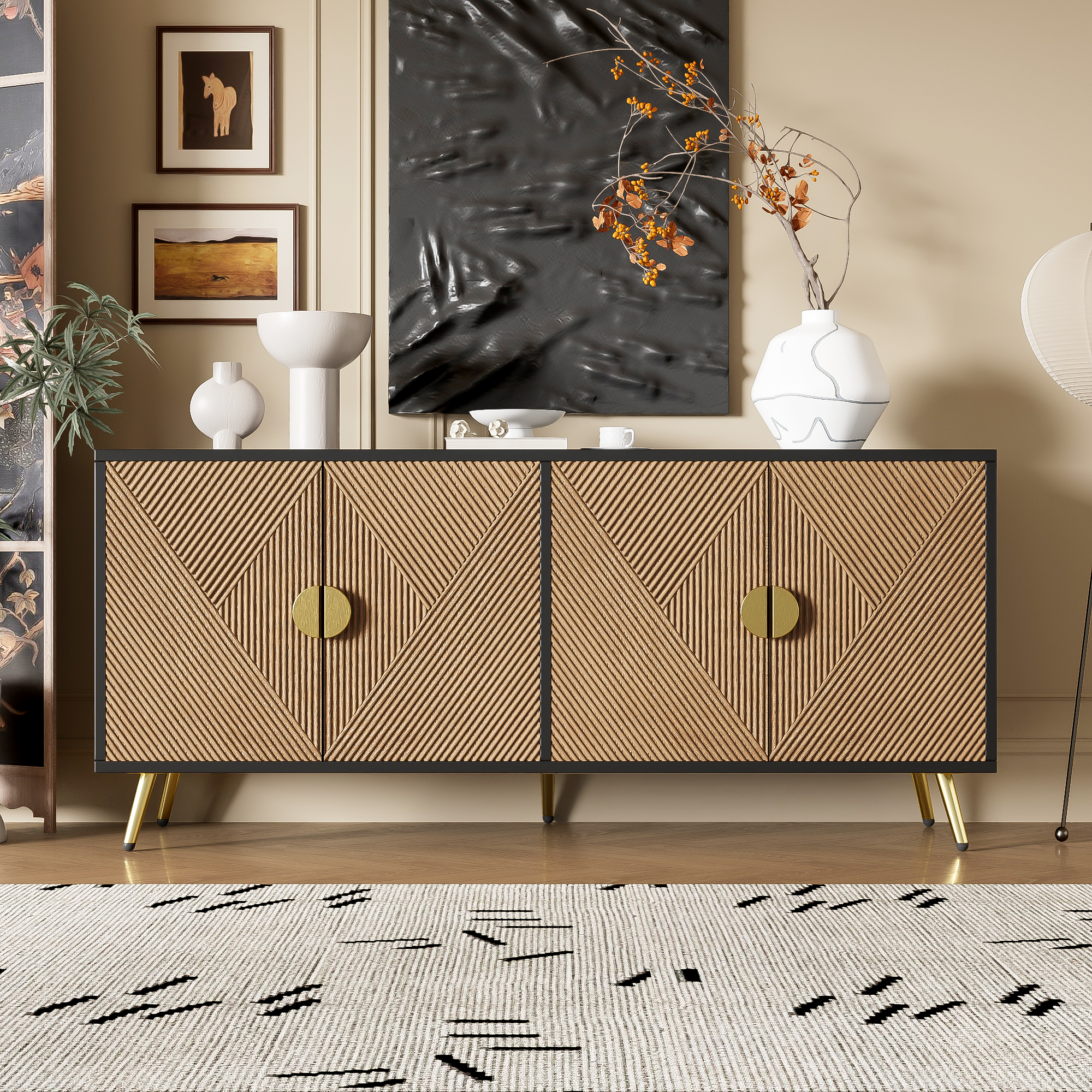 Credenza con 4 ante - 160 x 40 x 75 cm - MDF e pannelli di particelle - Nero e naturale - 2