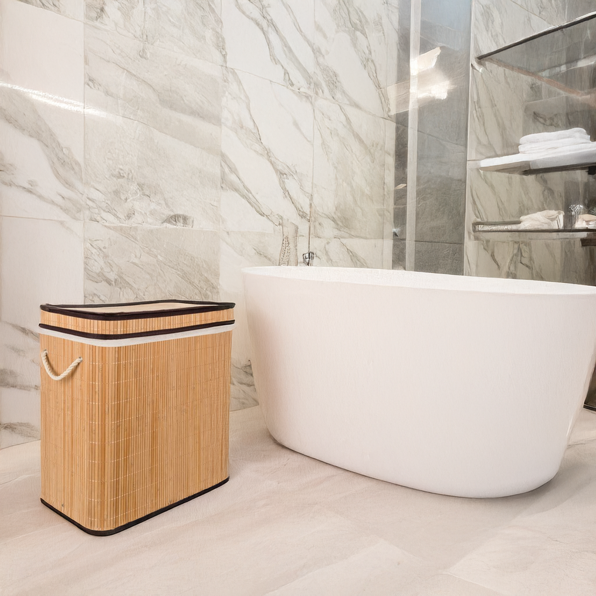 PALI Panier à linge robuste en bambou - 100 L - 2 compartiments - moderne et élégant - 3