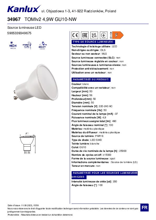 Ampola LED GU10 4,9W – Spot bianco naturale 90 490lm – 100° – 50mm - 5
