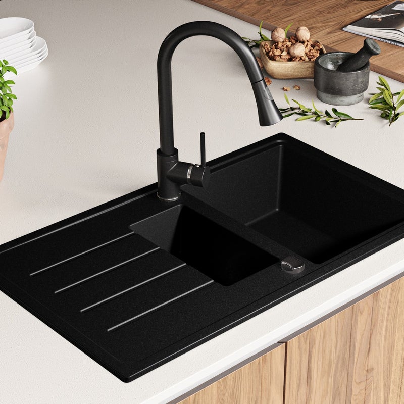 Zlewozmywak Czarny 90x50cm, Zlew Kuchenny 1,5 Komorowy + Syfon, Nablatowy do szafki od 60cm - Kopenhaga Duo PRIMAGRAN