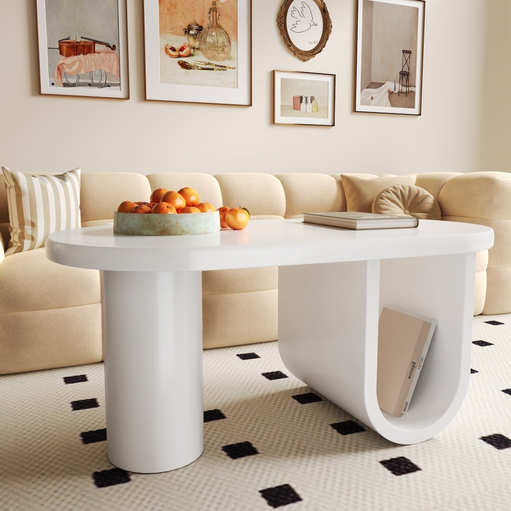 Moderner ovaler Couchtisch Weiß mit U-förmigen Beinen, pflegeleichte MDF Oberfläche, stabil, geräumig, 98,5x53,5x42 cm fürs Wohnzimmer