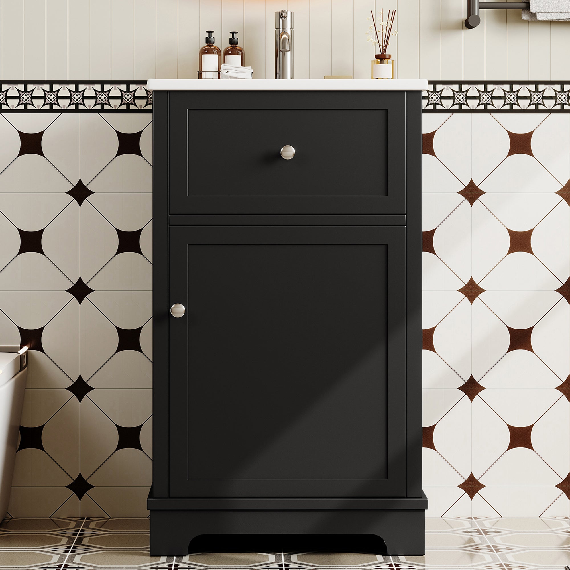 Meuble vasque en MDF 51 x 46 x 87 cm, entièrement laqué, avec tiroir coulissant et étagères réglables, pieds hauts, vasque intégrée, noir - 2